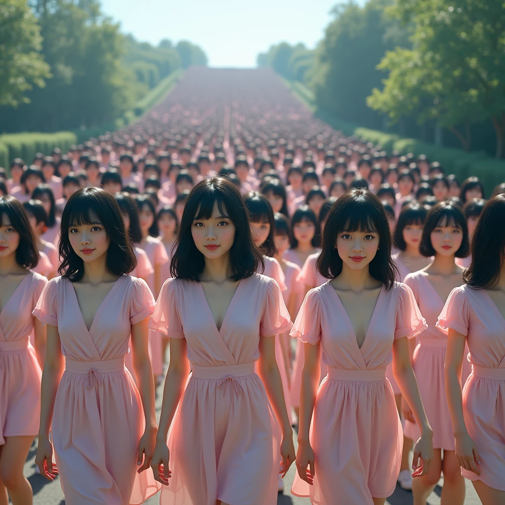 (((((Japanese Clone girls=Myself)))))), (((Best Super High quality Myself Clone girls Raw Photography Art))), (16K, Highest quality, Ultra-high resolution, RAW Photos), (((It's so unrealistic., With unparalleled depiction, With an unfathomable sight, An unprecedented and shocking worldview, Clone girls in a world of mass reproduction, Ultra-realistic))), (((Japanese, woman, 20yo, Saito-Asuka))), (Small face, ((Thick black hair, Semi-long hair))), ((V-neck short-sleeve dress)), (((((Very detailed美しい女体, Accurate body structure, Very detailed完璧な, Super busty body with very large breasts, Clearly emphasizes cleavage))))), (((Dark Eyes, Mature face, Cute Smile, A gentle gaze))), (((Her happy and smiling expression is so cute))), ((((((((Very detailed分身増殖描写, ((1girl→Myself cloning→1,000,000,000,000,000,000,000,000,000,000,000,000,000,000,000,000,000,000,000,000Myself Clone girls)))))))))), ((((((((Very detailed, The precise depiction of the proliferation of Myself Clone girls, ((With the perfectly identical bodies of Myself clone girls, With the exact same face as the Myself clone girls, With the exact same hairstyle as the Myself clone girls, In the exact same clothes as the girls who are my clones, Perfectly the same height as the Myself clone girls, Super big breasts, just like the Myself clone girls)))))))))), (((Myself clone girls only))), (((Multiple pairs, Very detailed depiction, (Myself clone girls hug each other, Myself clone girls assemble, Fun conversations with fellow Myself clone girls, A fun conversation between Myself clone girls, Myself clone girls holding hands, Walking with lots of Myself clone girls, turn around, look at me, The approaching crowd of Myself)))), (((Everyone looks at the camera))), (((Unbelievably crowded, Transcendent Myself clone girls intimately, Countless Myself clone girls surround you in 360 degrees))), (Bright, soft sunlight), (((Very wide field of view, Very detailed, Detailed ultra-perspective depiction with clear depth, super wide view))), (((((Scenery with a steeply curving slope))))), (((Very photographic and detailed depiction, Myself clone girls will multiply infinitely and fill the surroundings from one side to the horizon with their bodies tightly packed together without any gaps., A scene of endless Myself clone girls, giving a happy vibe.))), (Focus on the average value of the image)