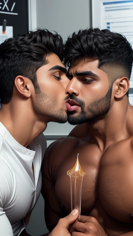 Pehlwan man Indian Gurjar gay couple wetty mouth to mouth tounge to tounge kissing and sucking lower lip, bitting lower lip during kissing saliva dripping from mouth with big shinning eyes big lips wide jawline beautiful hunk face spiky black hairstyle, seductive kissing in office