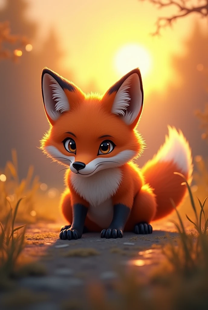 A brown fox getting ready to hunt,action run,Strong expression,The sun has just risen in the background,Cute realistic style