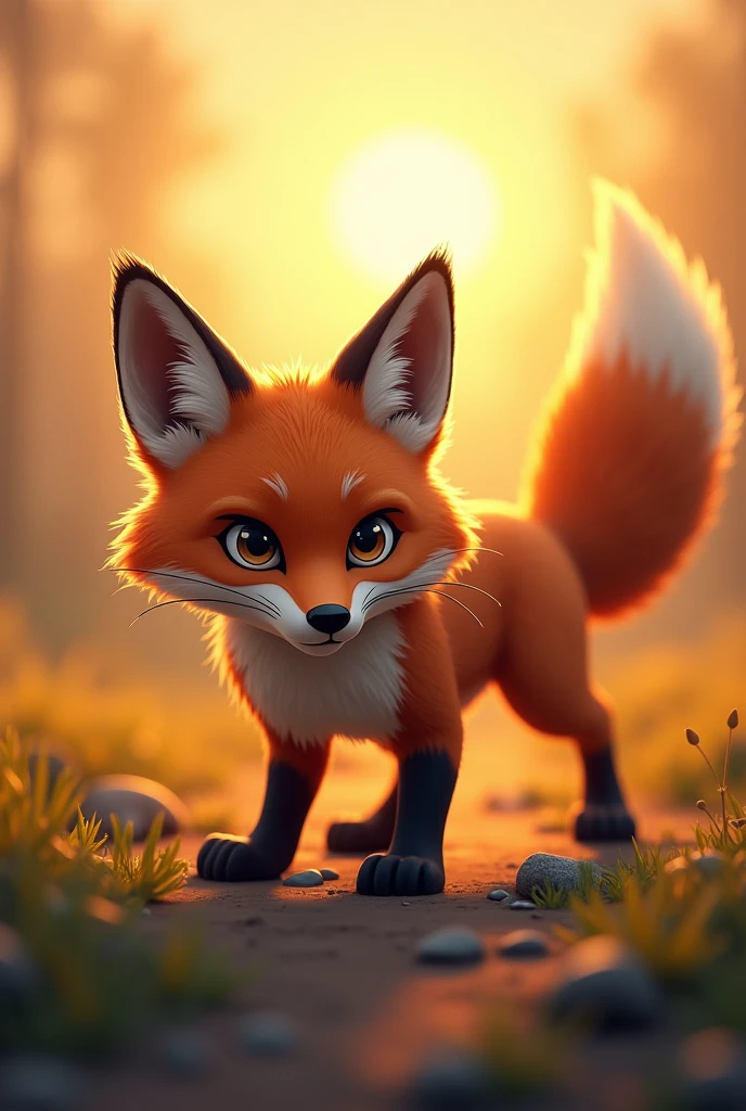 A brown fox getting ready to hunt,action run,Strong expression,The sun has just risen in the background,Cute realistic style