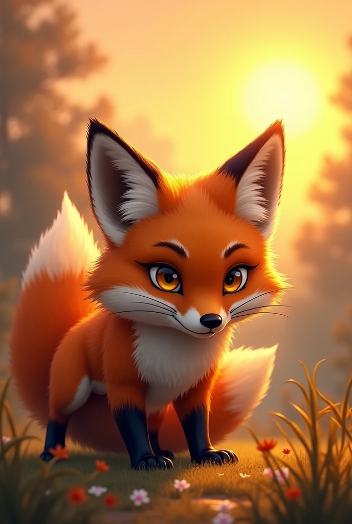 A brown fox getting ready to hunt,action run,Strong expression,The sun has just risen in the background,Cute realistic style