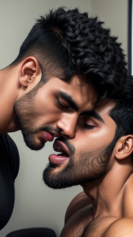 Pehlwan man Indian Gurjar gay couple wetty mouth to mouth tounge to tounge kissing and sucking lower lip, bitting lower lip during kissing saliva dripping from mouth with big shinning eyes big lips wide jawline beautiful hunk face spiky black hairstyle, seductive kissing in office 
