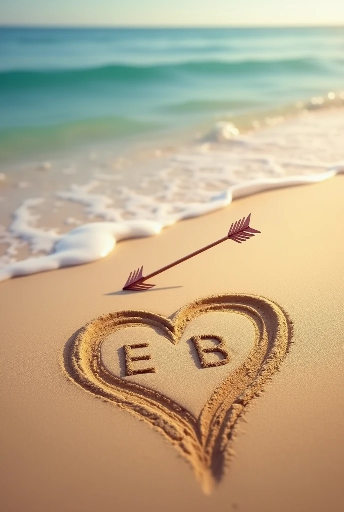 A heart with an arrow in the sand with the initials E+b