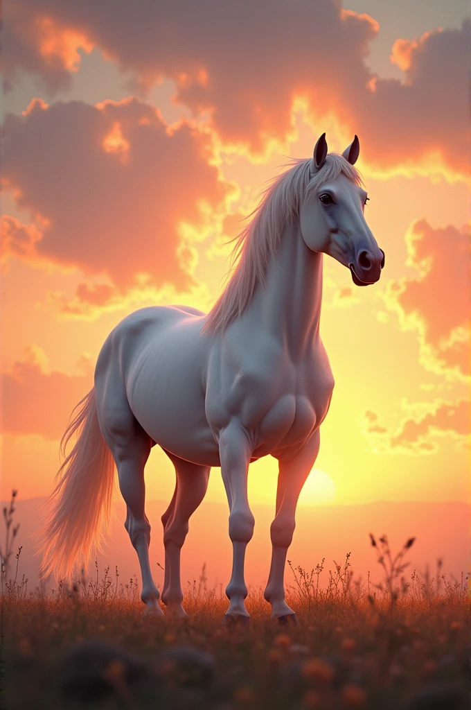 A white horse with sunset