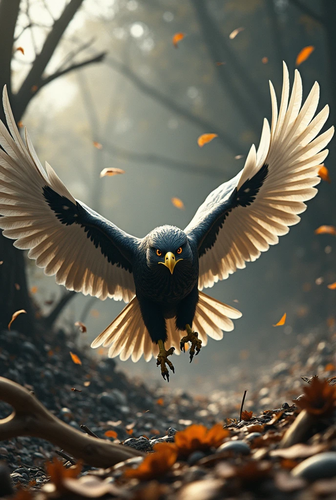 Golden and Black Billed Hawk, black body, flying through the debris of nature, huge white wings open, golden power