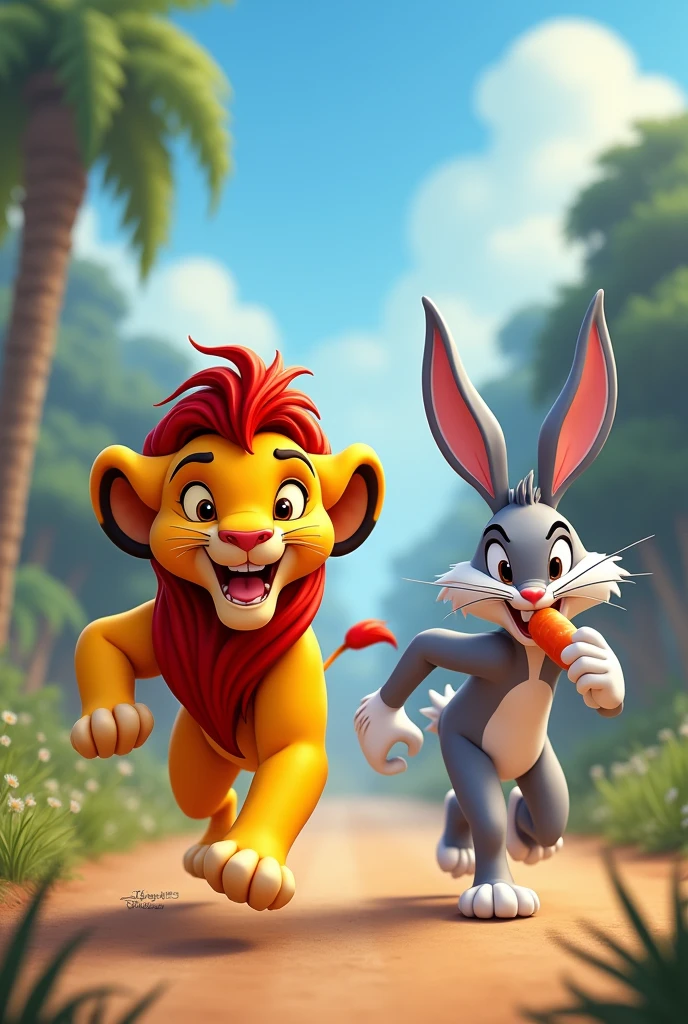 creer une photo humoristique et caricaturale du roi lion de Disney qui fait une course avec bugs bunny et ecrire : " R Y A N"