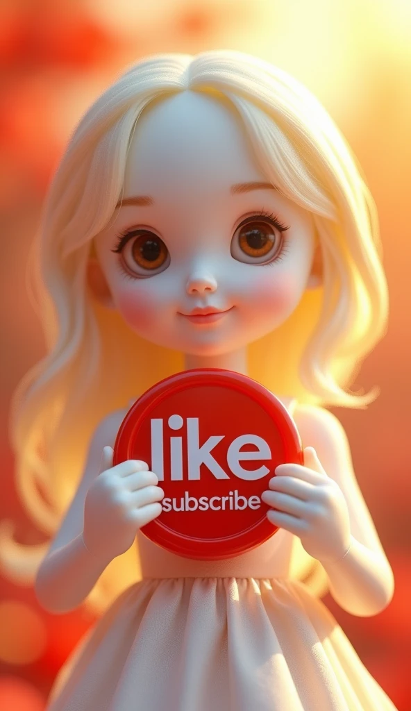 We need an image of a beautiful little doll white colour who is holding a red colored coin with both her hands and has written 'like' and 'subscribe' on it with a big character and has made a 'like' sign on it. Surrounded by sunlights