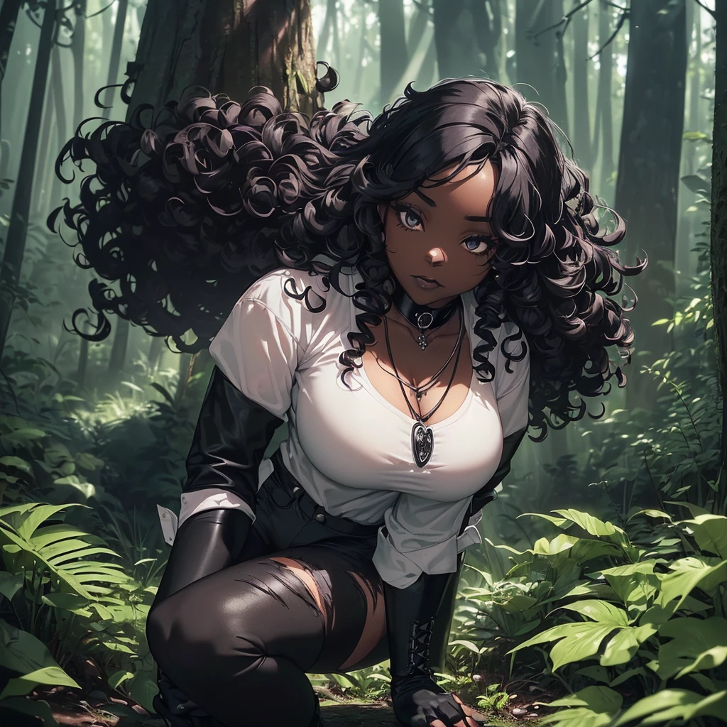 ((A single adult woman alone in the forest having black skin having curly hair, the woman's style is gothic wearing a white shirt and black jeans while wearing black boots, she wears black fingerless gloves while having a skull pendant necklace)) ((day lighting)) ((forest scenery)