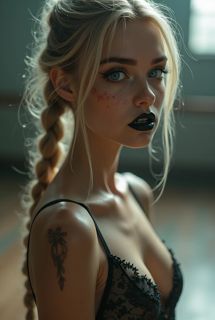 Ein Mädchen 18 Jahre alt lange blonde geflochtene Zöpfe sehr dünn tut Kale Ballett, Unclothed,flat chest,breasts small,smudged makeup,makeup race,perfect lips, black lipstick, orthodontic appliances, freckles,eyes large,blue colored eyes,perspiring, sweats a lot,humida,very detailled, best qualityer, extreme detailed face, Perfect lightning, Ballet studio, Pyear of background, sexually, erotic, unique, 4K, Masterpiece artwork, Kale