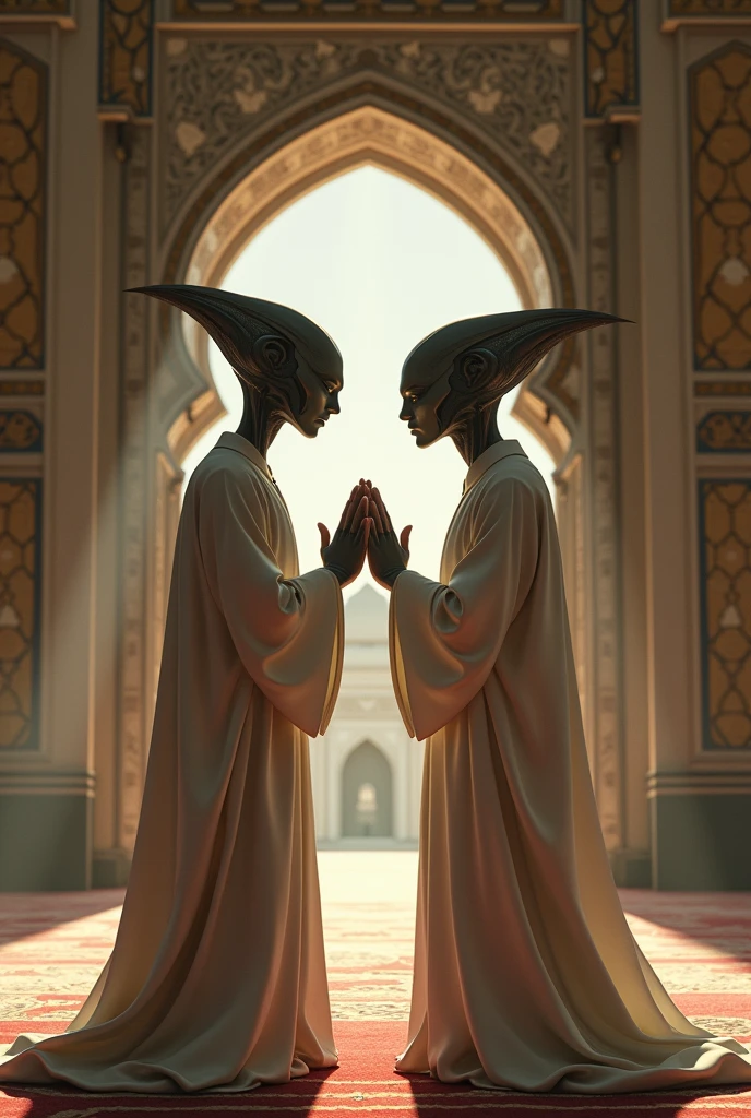 A man in the mosque praying with a man from space praying and supplicating