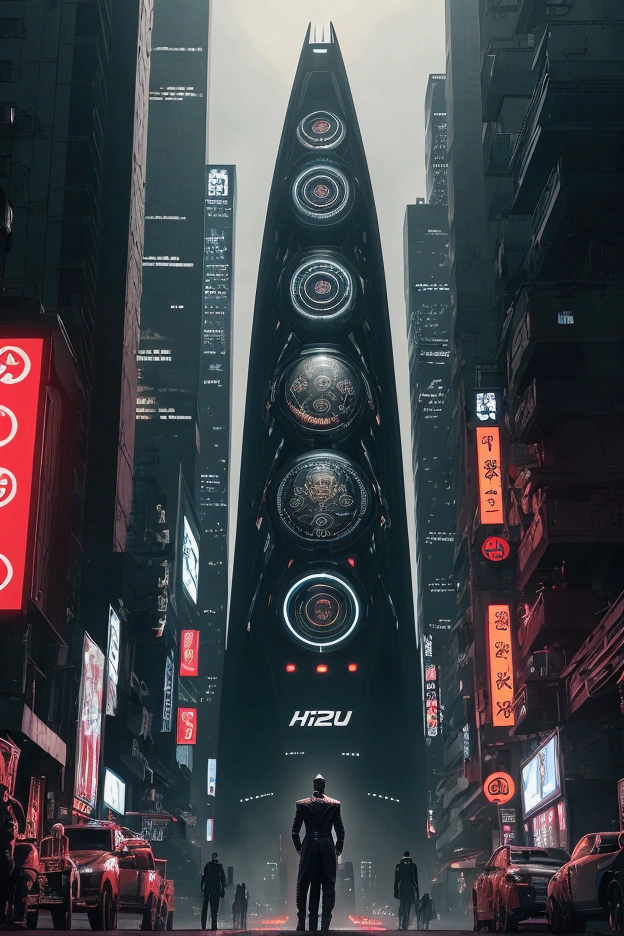 A dystopian cityscape where a colossal coffee machine, with an ominous human-like face, looms over the city. The machine is worshipped by a crowd dressed in dark, futuristic attire, all kneeling before it in solemn reverence. A golden glow radiates from the machine, casting long shadows across the scene. The words "LELYON" and "Welcome to the Machine" are etched in twisted, distorted letters, enhancing the eerie, oppressive mood. The scene is influenced by the bold lines and dramatic contrasts of ukiyo-e art, creating a fusion of cyberpunk and dark fantasy, cinematic, ukiyo-e, dark fantasy, photo, Cinematic lighting. Photographed by Helmut Newton, using a Nikon Z9 with a 24-70mm lens, Award-Winning Photography style, 8K, Ultra-HD, Super-Resolution. --v 5 --q 2
