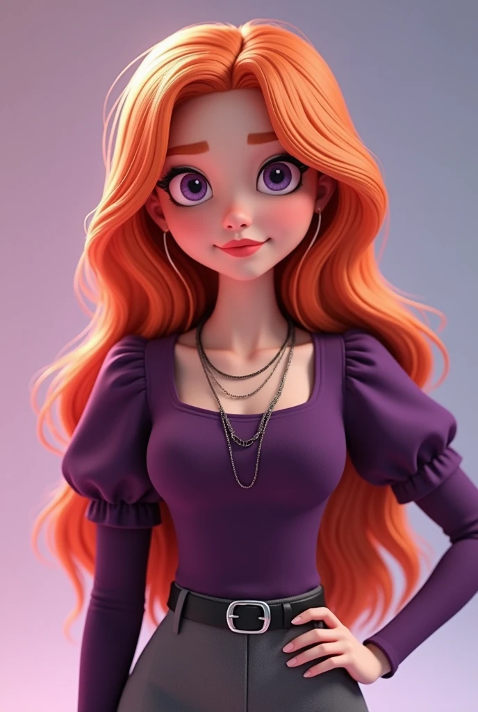 Vanessa is a very beautiful fifteen-year-old girl with snow-white skin, She has long, wavy, bright light orange hair that is usually styled half up with two strands falling down her beautiful face.,She has almond-shaped eyes, a light lilac purple color., her face is heart-shaped and she has a small nose and salmon pink lips, She wears a dark purple tight-fitting long-sleeved shirt with puffed arms and a square cut at the top of the chest but without being low-cut, in addition to wearing three necklaces., He is wearing smart grey trousers with a thin black leather belt and black ankle boots..((3D style)) ((Style Miraculous ladybug)).