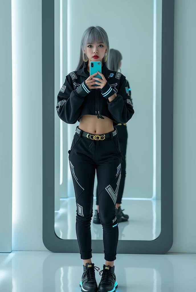 highly detailed, beautiful, hyper Realistic girl, masterpiece, best quality, Depict a mysterious and sophisticated beautiful Japanese gravure model,, 28-years-old, identity hidden, all body shot, / gray arranged hair, small head, Detailed face, cute and Pretty slim face, wide Duck mouth, perfect beautiful Tooth, arranged gray hair, shiny eyes, blue-colored eyes, Realistic skin, Detailed face, / Here’s a chic and futuristic costume design based on a cyberpunk jogger theme:
Top: A black cropped jacket with luminescent blue circuitry patterns and silver badges, blending cyberpunk and authority. The jacket features a high collar and zippered front for a sleek look.
Bottoms: Slim, high-waisted short joggers with metallic silver accents, holographic side stripes, and functional cargo pockets, offering both style and utility.
Footwear: Black, sleek Sneaker with neon blue soles and reinforced ankles, ensuring both durability and a cutting-edge appearance.
Accessories: A minimalistic belt with gold buckles, matching gold earrings, and LED-enhanced gloves, all exuding a powerful and authoritative presence. //// simple white single room, gray frame mirror, complicated background /// takes a selfie in her room using a smartphone in front of a mirror with one hand, standing and fashion model Posing, all body below shot, looking away from the camera,