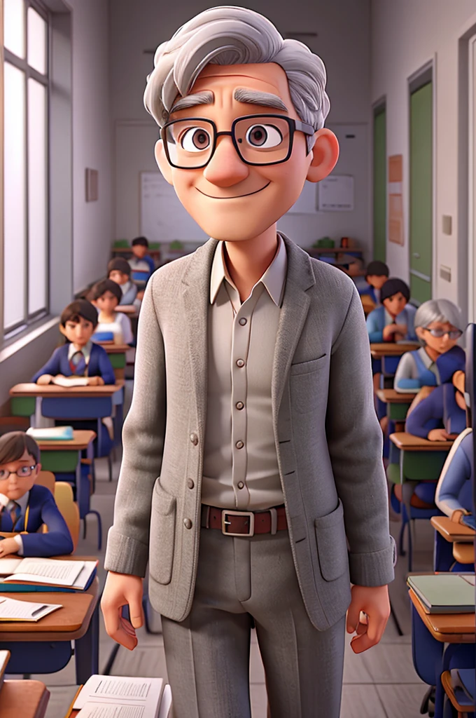 Gray-haired Professor, glasses and no suit, Classroom Background, 4 images of the same character in different positions and scenarios