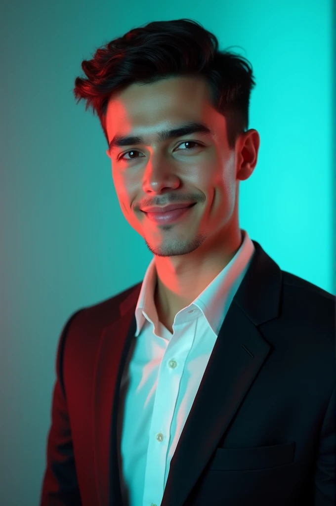 A young man with dark hair and a confident smte.
He is dressed in a black blazer over a white shir66
The man is positioned against aqua colour backdrop with a subtle red lighting on the left side. and he posing for Linkedin profile