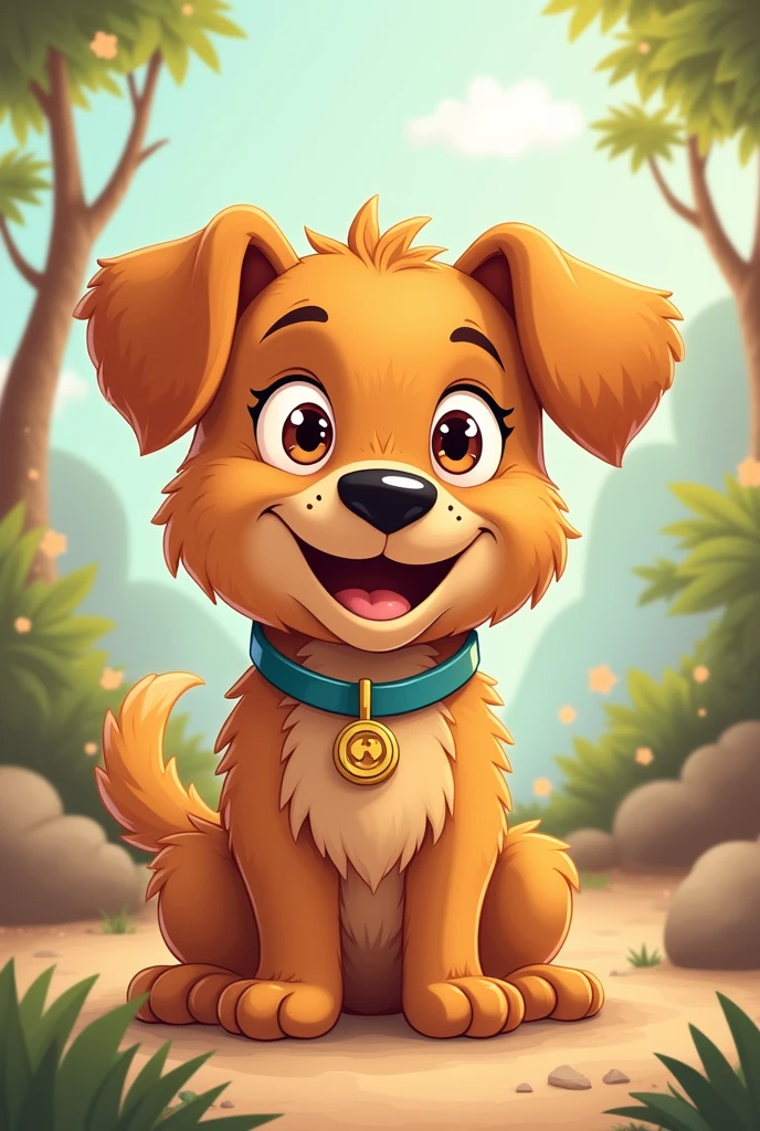 Create a cartoon design of a friendly caramel mutt dog for a book story