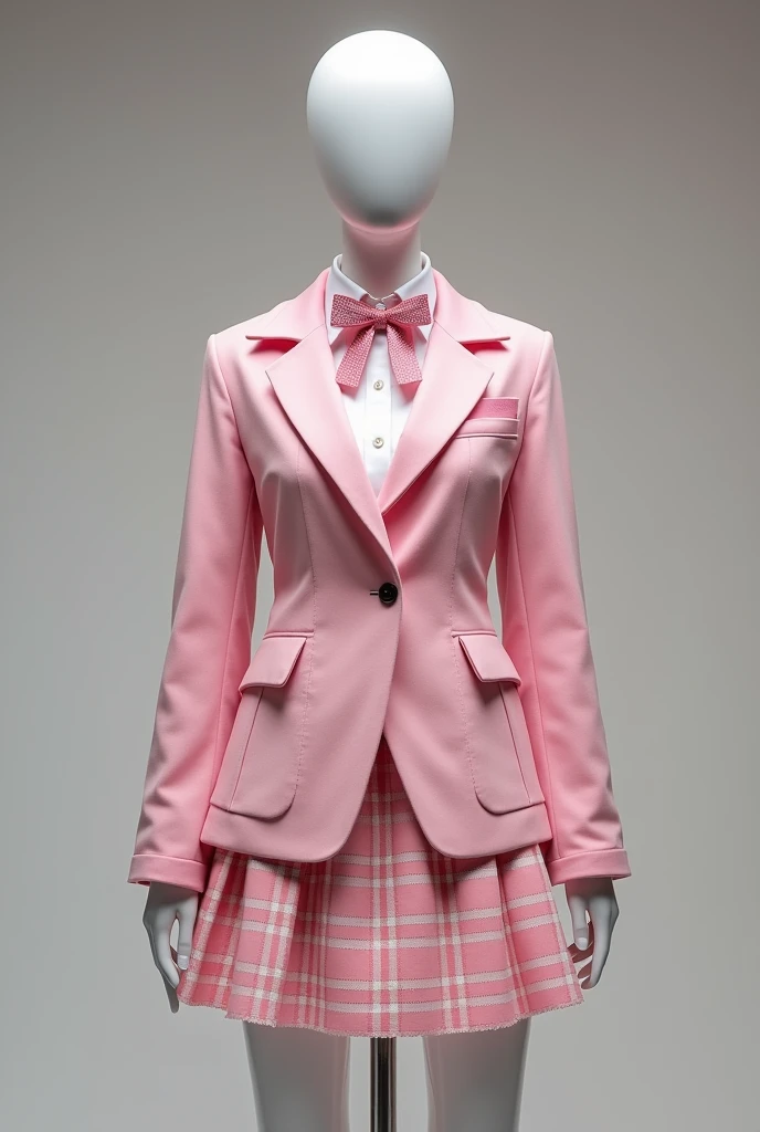 Mannequin wearing Korean school uniform, pink waist-length coat with white plaid pattern, pink skirt with white plaid pattern, pink bow tie with glitter, white boots with alternating laces