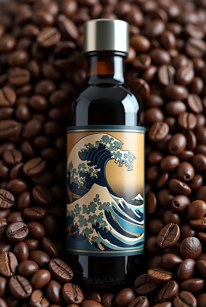 Make a picture 300ml glass bottle of coffee named Tsunami 🌊 on coffee beans With metal cap