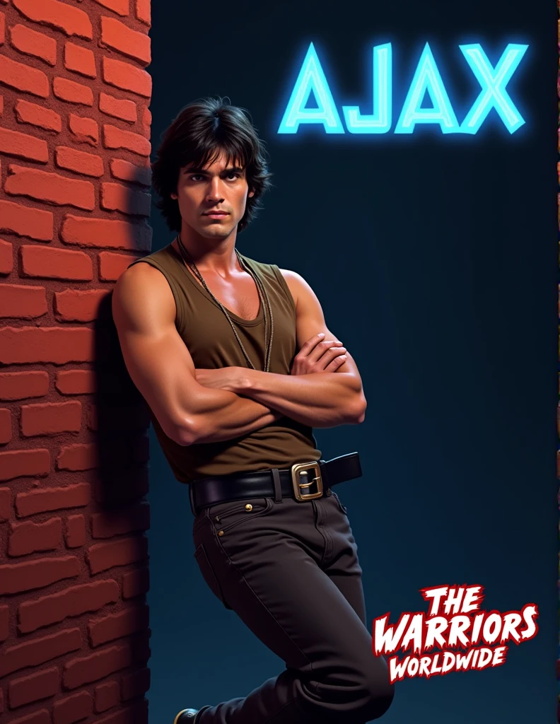 movie the warriors 1979 Stylized poster featuring a man ( actor Michael Beck) leaning against a red brick wall. The man has a light skin tone, short dark hair, and a serious expression. He is wearing a sleeveless brown vest, a black belt with a large buckle, and dark pants. His arms are crossed, and one leg is bent with the foot resting against the wall. The background is a gradient of dark blue to black, transitioning to the red brick wall. The word 'AJAX' is displayed in bright blue neon letters at the top right corner. At the bottom right, there is a red and white logo with the text 'The Warriors Worldwide' in a graffiti-style font.