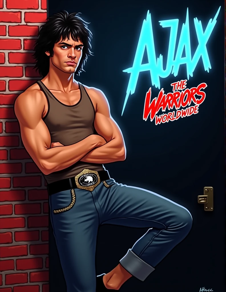 movie the warriors 1979 Stylized poster featuring a man ( actor Michael Beck) leaning against a red brick wall. The man has a light skin tone, short dark hair, and a serious expression. He is wearing a sleeveless brown vest, a black belt with a large buckle, and dark pants. His arms are crossed, and one leg is bent with the foot resting against the wall. The background is a gradient of dark blue to black, transitioning to the red brick wall. The word 'AJAX' is displayed in bright blue neon letters at the top right corner. At the bottom right, there is a red and white logo with the text 'The Warriors Worldwide' in a graffiti-style font.