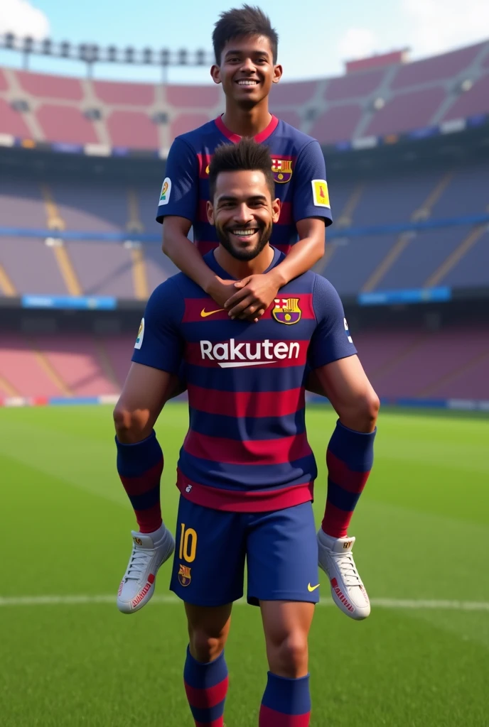 Imagine Barcelona footballer Lamine Yamal riding on the back of footballer Nico Williams