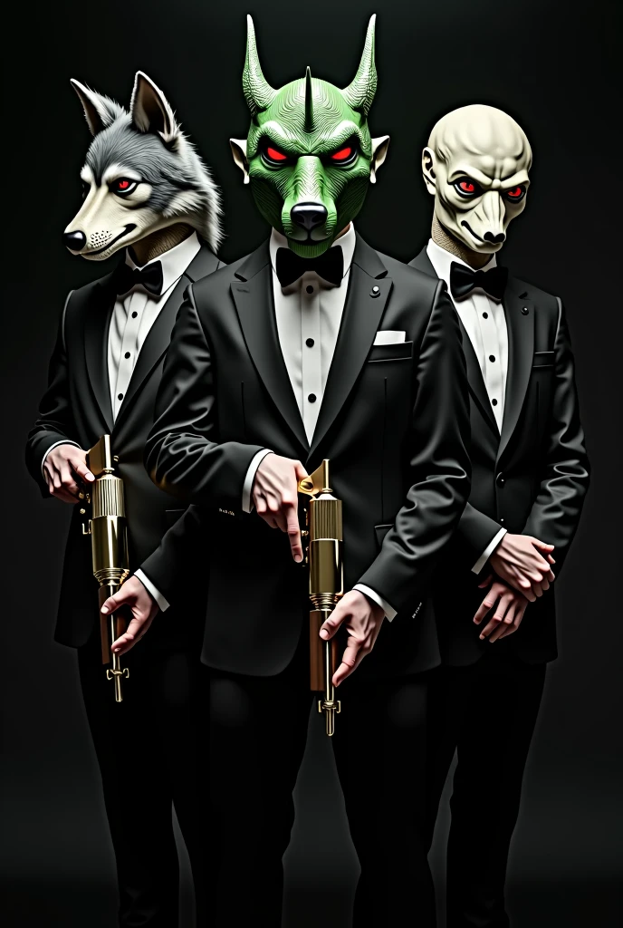 3 men in suits with super realistic masks , One is of a right-handed dragon with green hair and purple tips , in his hand a marijuana cigarette,with red eyes and a marma in the other golden hand, a gray wolf with bars stopped ,in the middle and with a in his hand ,  an alien on the left in grey, The three of them standing in elegant black suits, Black background        ,    that the food looks bigger and the 3 with weapons looking forward 