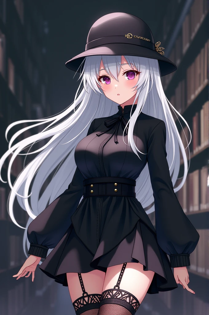Create an anime girl with white hair, long and fringed, He has a black spy hat with small chains on the sides.. As for clothing, she wears a long-sleeved blouse with a neckline., black color and a short black skirt, On her legs, put some openwork tights and some knee-high leather boots., Put a black choker-type rope around your neck