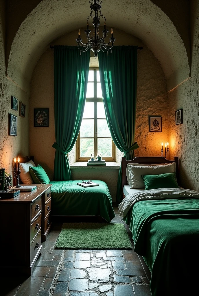 A Slytherin dormitory with two beds ( without being too close) with a female part and a male part
