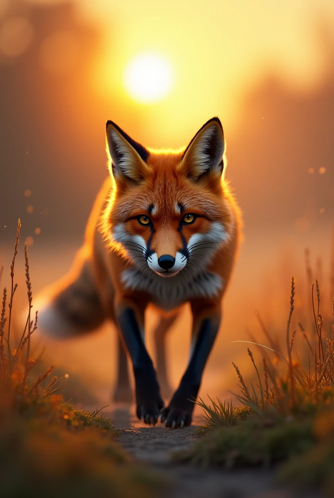 A brown fox getting ready to hunt,action run,Strong expression,The sun has just risen,Cute realistic style