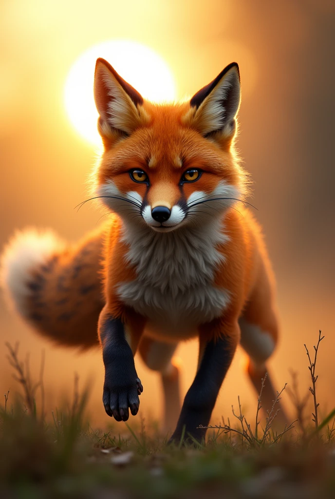 A brown fox getting ready to hunt,action run,Strong expression,The sun has just risen,Cute realistic style