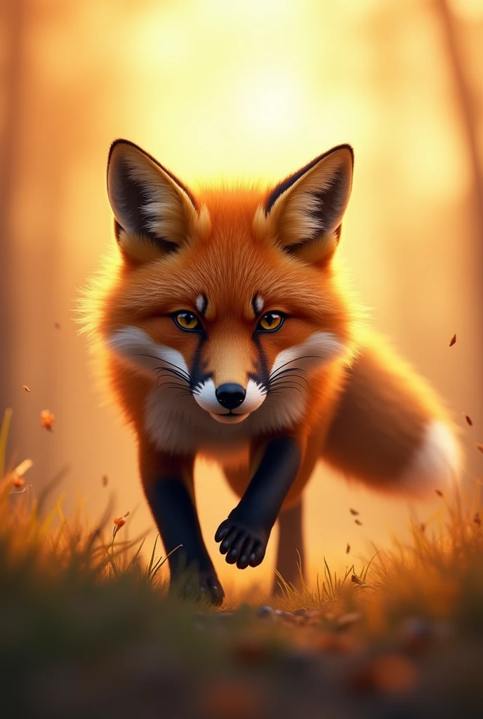 A brown fox getting ready to hunt,action run,Strong expression,The sun has just risen,Cute realistic style