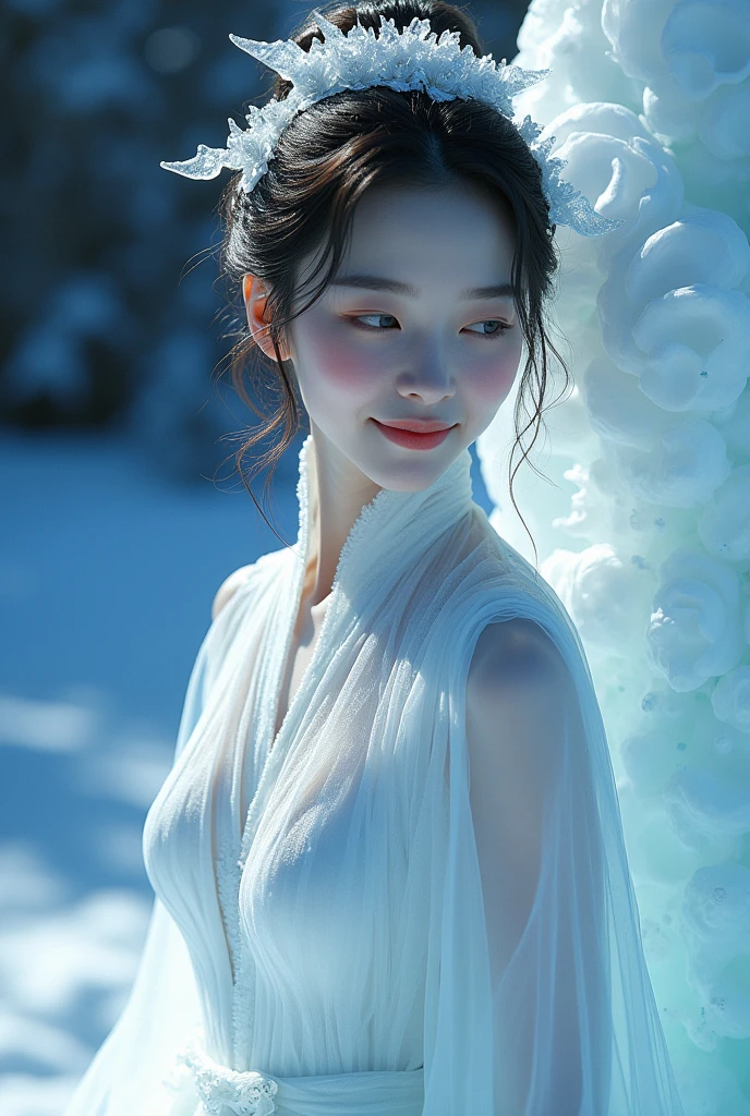 ice - carving:1.4),Movie Angle,(Fan Bingbing, ice sculpture girl,Anatomically correct,full bodyesbian,Masterpiece ice sculpture camellia,Representative work Hanfu,Smile),sexy