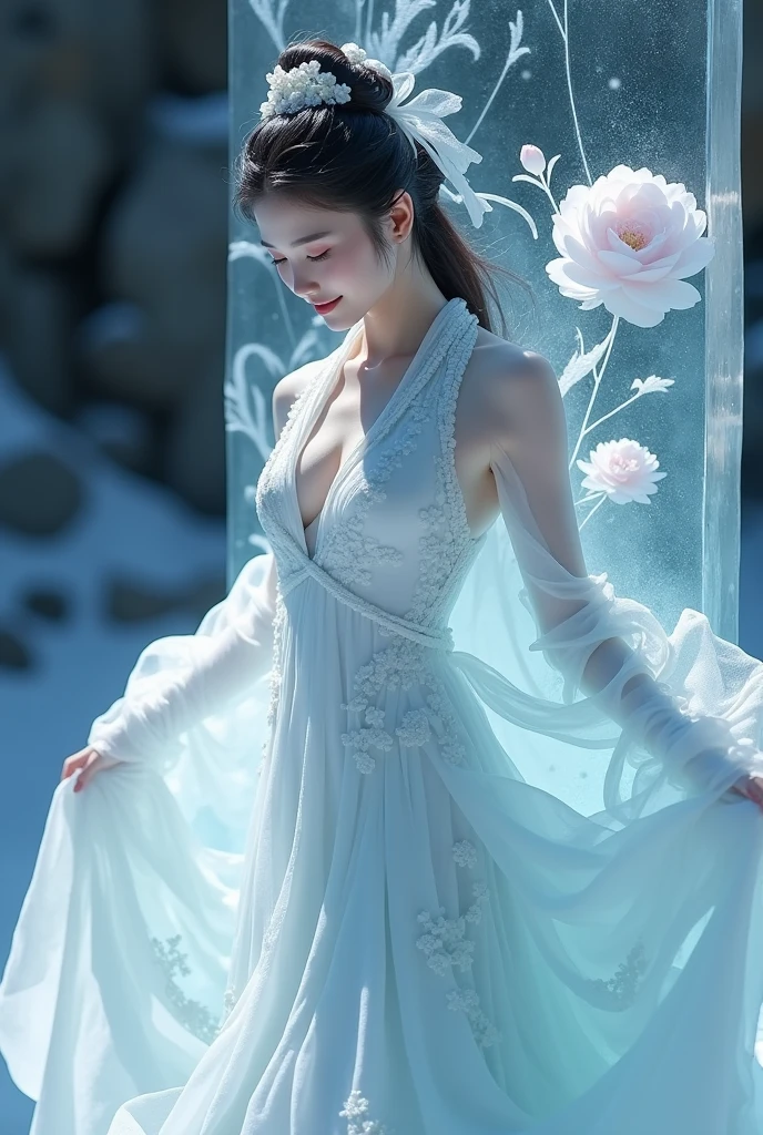 ice - carving:1.4),Movie Angle,(Fan Bingbing, ice sculpture girl,Anatomically correct,full bodyesbian,Masterpiece ice sculpture camellia,Representative work Hanfu,Smile),sexy