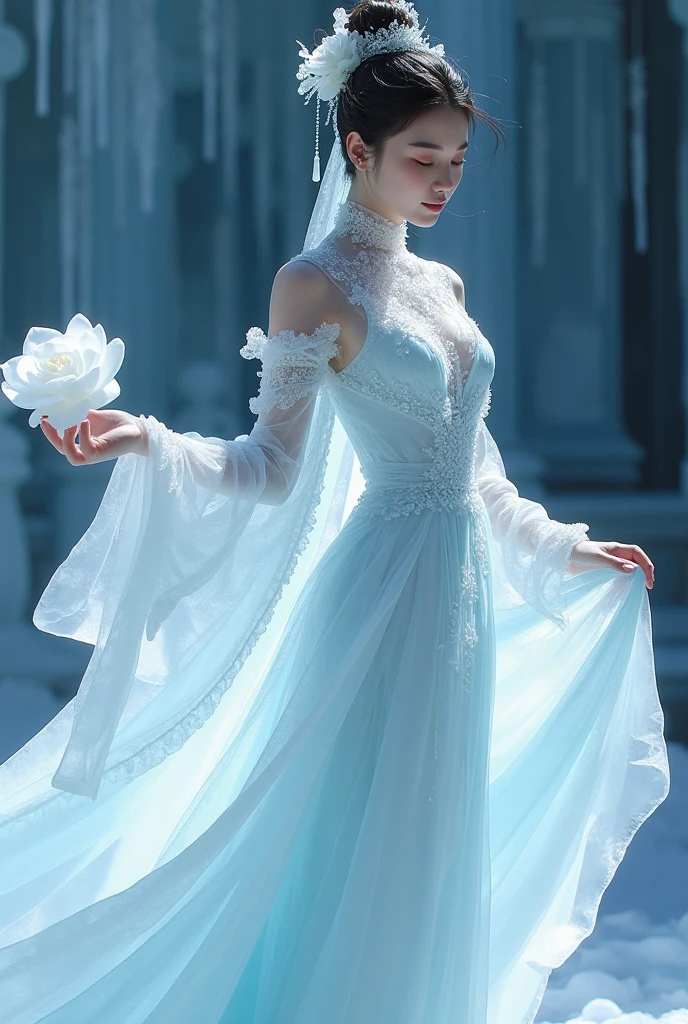 ice - carving:1.4),Movie Angle,(Fan Bingbing, ice sculpture girl,Anatomically correct,full bodyesbian,Masterpiece ice sculpture camellia,Representative work Hanfu,Smile),sexy