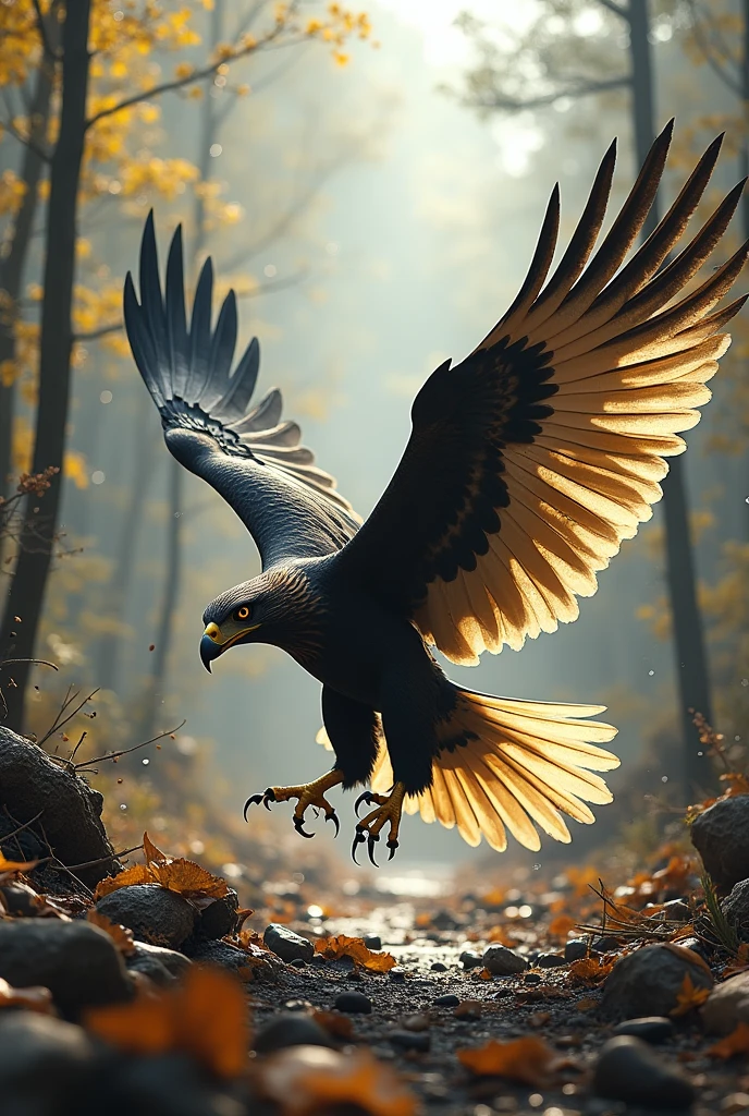  Golden and Black Billed Hawk, black body, flying through the debris of nature, huge white wings open, golden power 