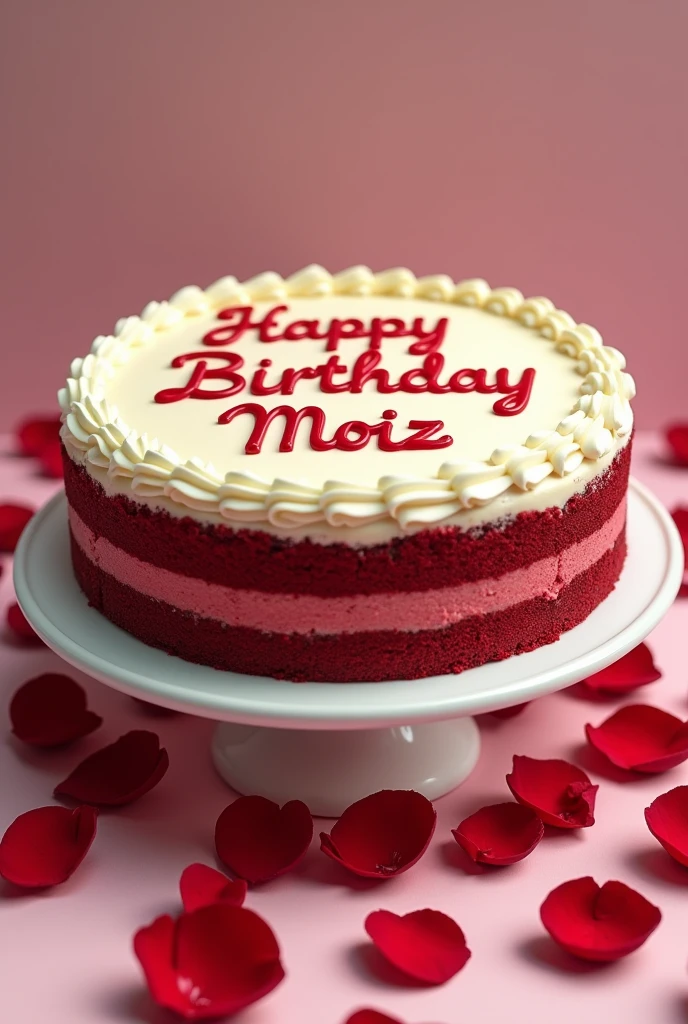 A real red velvet cake on which happy birthday moiz is written . It is look like real not like ai look . It look like that we bought it recently 


