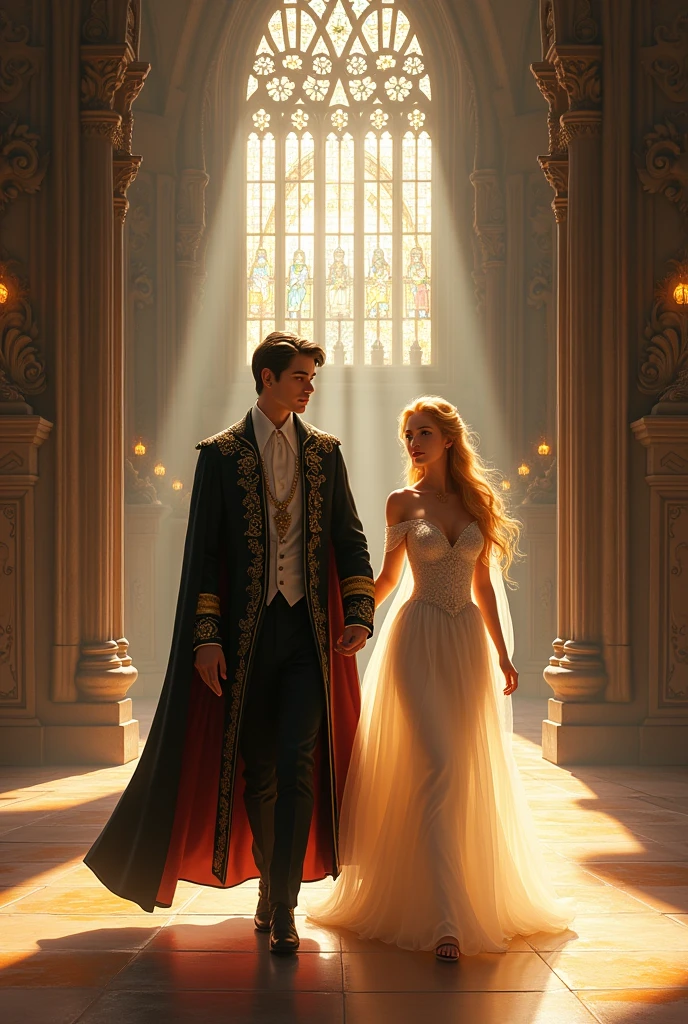 Black prince and blonde princess walking in the cathedral