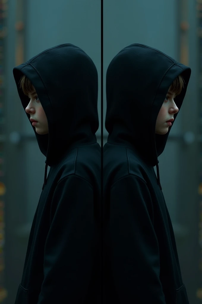 Mirror picture of boy in black hudie face hided in darkness