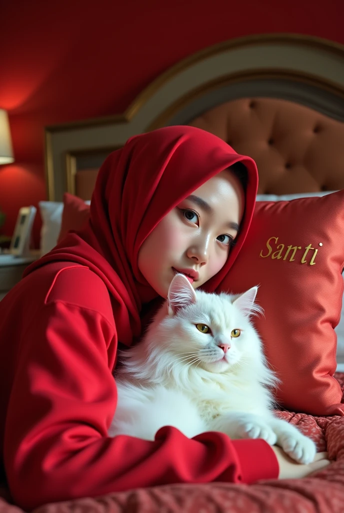 Beautiful Korean girl, smooth white skin, well-groomed face, red hijab, red hoodie, lying on a luxurious bed with a bolster pillow bearing the name Santi while hugging a large white Angora versia cat, on an iPhone laptop table, luxurious interior background, there is a sofa , AC in luxurious red rooms, looks authentic, real and realistic in photos