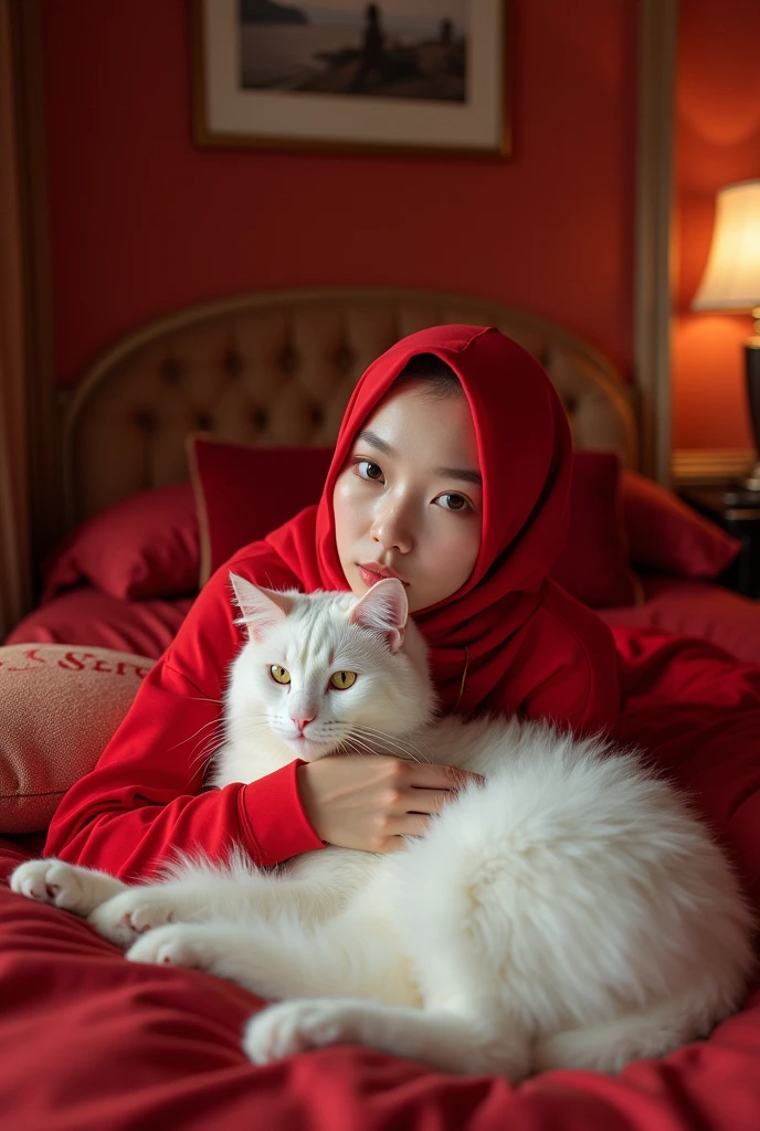 Beautiful Korean girl, smooth white skin, well-groomed face, red hijab, red hoodie, lying on a luxurious bed with a bolster pillow bearing the name Santi while hugging a large white Angora versia cat, on an iPhone laptop table, luxurious interior background, there is a sofa , AC in luxurious red rooms, looks authentic, real and realistic in photos