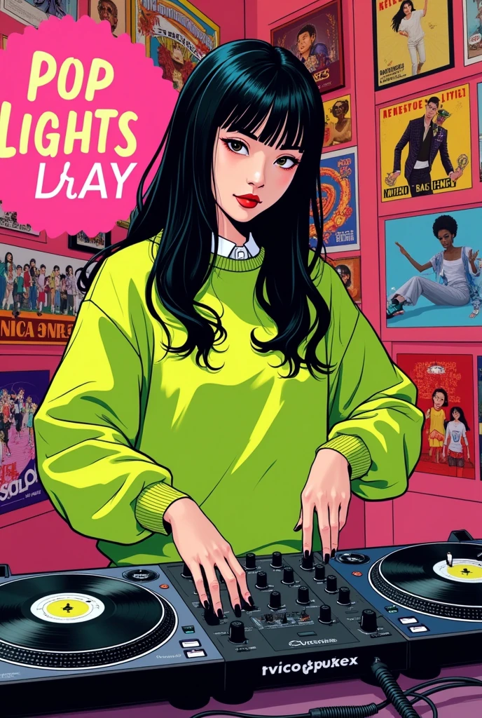 "A young woman Japanese DJ with long black hair and bangs, look like fashion model, wearing a bright lime green sweater. She's standing behind turntables in a room filled with colorful pop art and music posters. The background is a collage of album covers, concert flyers, and urban scenery artwork in vibrant pink, yellow, and red tones. The style is a mix of manga and pop art, with bold outlines and flat colors. 'Pop lights play' is written in large, stylized text overlaying the scene. The overall mood is cool, urban, and music-centric. realistic