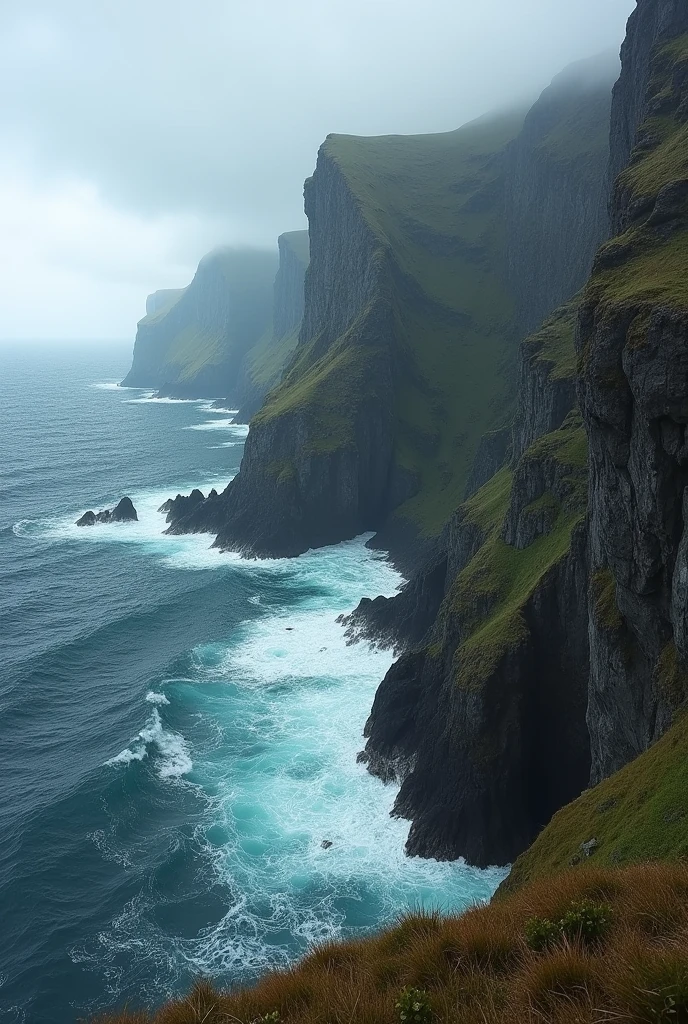 Image 1: A dramatic landscape of the Faroe Islands, showcasing rugged cliffs meeting the ocean.
