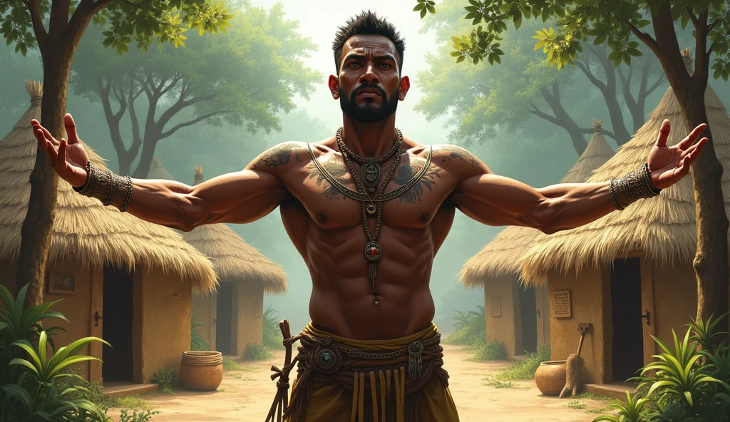 An African hunter with short hair using his powers to protect his village made of huts
