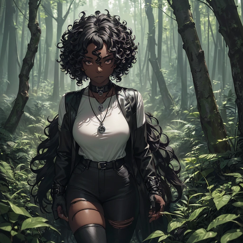 ((A single adult woman alone in the forest having black skin having curly hair, the woman's style is gothic wearing a white shirt and black jeans while wearing black boots, she wears black fingerless gloves while having a skull pendant necklace)) ((day lighting)) ((forest scenery)