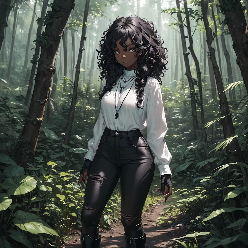((A single adult woman alone in the forest having black skin having curly hair, the woman's style is gothic wearing a white shirt and black jeans while wearing black boots, she wears black fingerless gloves while having a skull pendant necklace)) ((day lighting)) ((forest scenery)