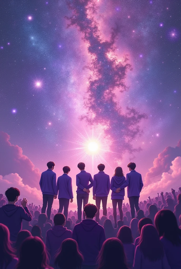 BTS TOGETHER WITH ARMY IN PURPLE, WITH A GALAXY BACKGROUND