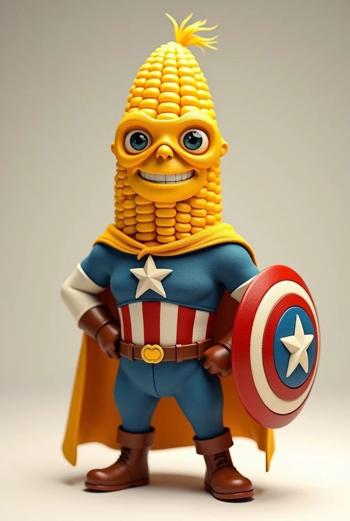 I want an image of a corn superhero dressed but with a corn body and that is a small avatar like Captain America, the same one but with the shield