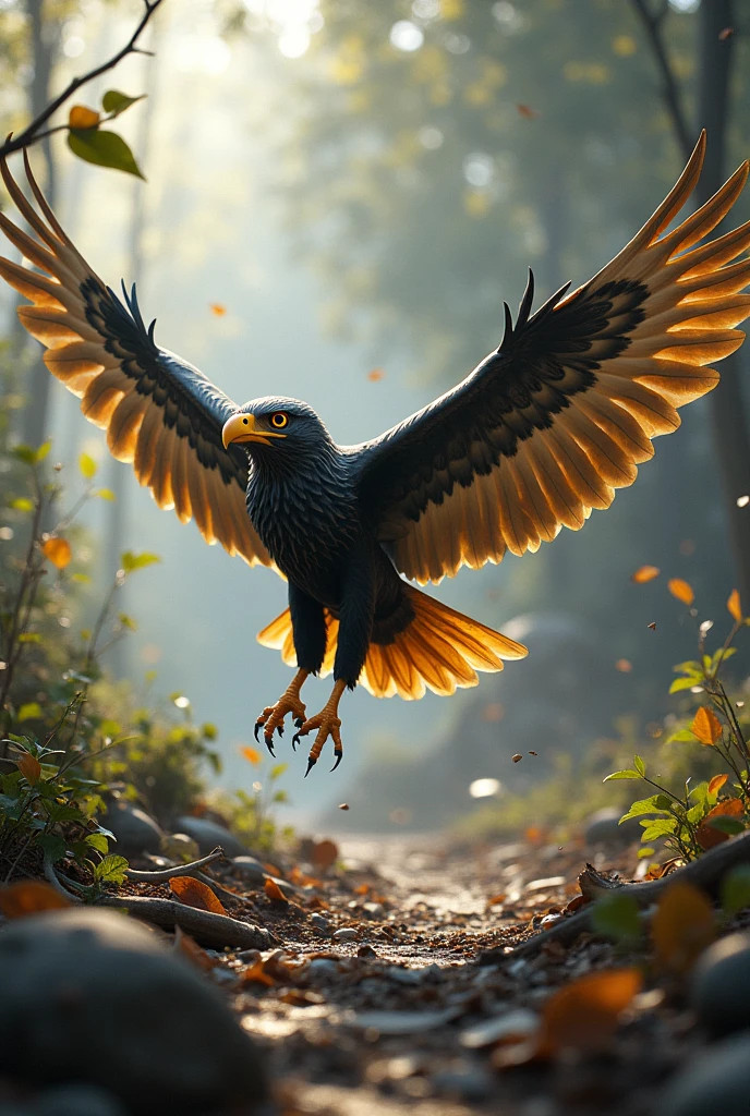 Golden and Black Billed Hawk, black body, flying through the debris of nature, huge white wings open, golden power