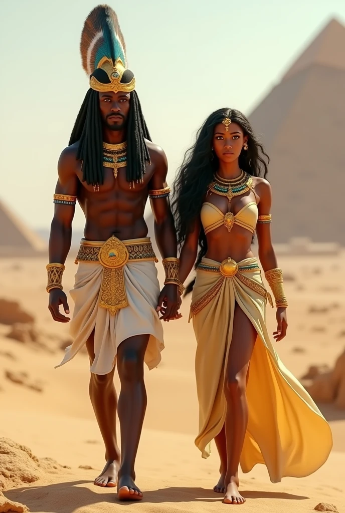 Design an image of Shu and Tefnut, deities from Egyptian mythology, walking side by side. Shu, the god of air, is a male figure with dark brown skin, green eyes, and a feathered headdress, symbolizing his connection to the sky. Tefnut, the goddess of moisture, is a female figure with light brown skin, deep blue eyes, and long black hair, flowing down her back. Both are dressed in traditional Egyptian attire with gold accents. The background should feature an ancient Egyptian landscape, with desert sands and the distant outline of pyramids. They walk in harmony, embodying the balance of air and moisture essential for life. Use masterpiece, best quality, CG, wallpaper, HDR, high quality, ultra detailed face, cinematic, high detail, 8k, raw, high, artstation HQ, unreal engine, octane renderer, 4k resolution, hyperrealistic, highly detailed, and absurdres settings