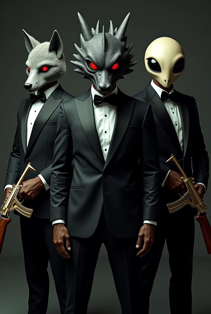 3 men in suits with super realistic masks , One is of a dragon in the middle ,with red, slanted eyes, a gray wolf with erect ears, an alien , the 3 standing in elegant black suits, All 3 with different high-caliber weapons plated in gold and wood
